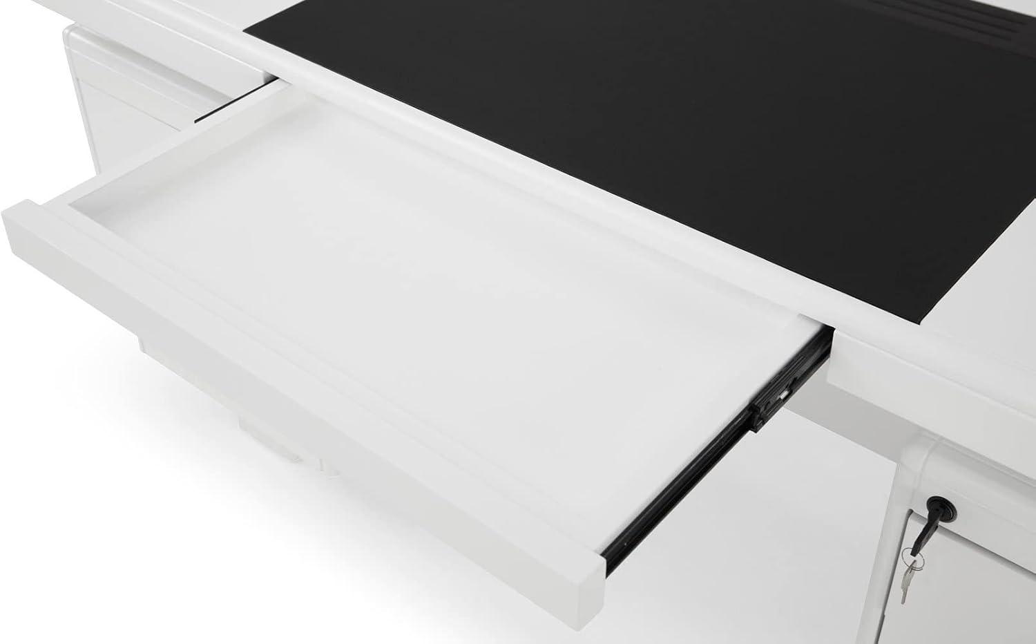 White Lacquer Modern Desk with Black Faux Leather Pad and Storage