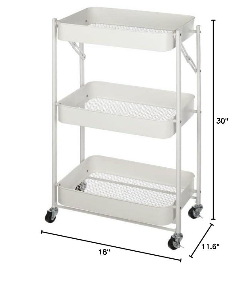 White Metal 3-Tier Foldable Rolling Utility Cart