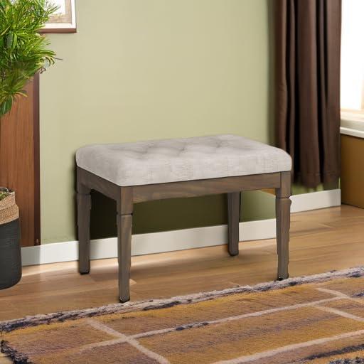SIMPLIHOME Waverly 28 inch Wide Traditional Rectangle Small Tufted Ottoman Bench in Natural Linen Look Fabric, Assembled, For the Living Room and Bedroom