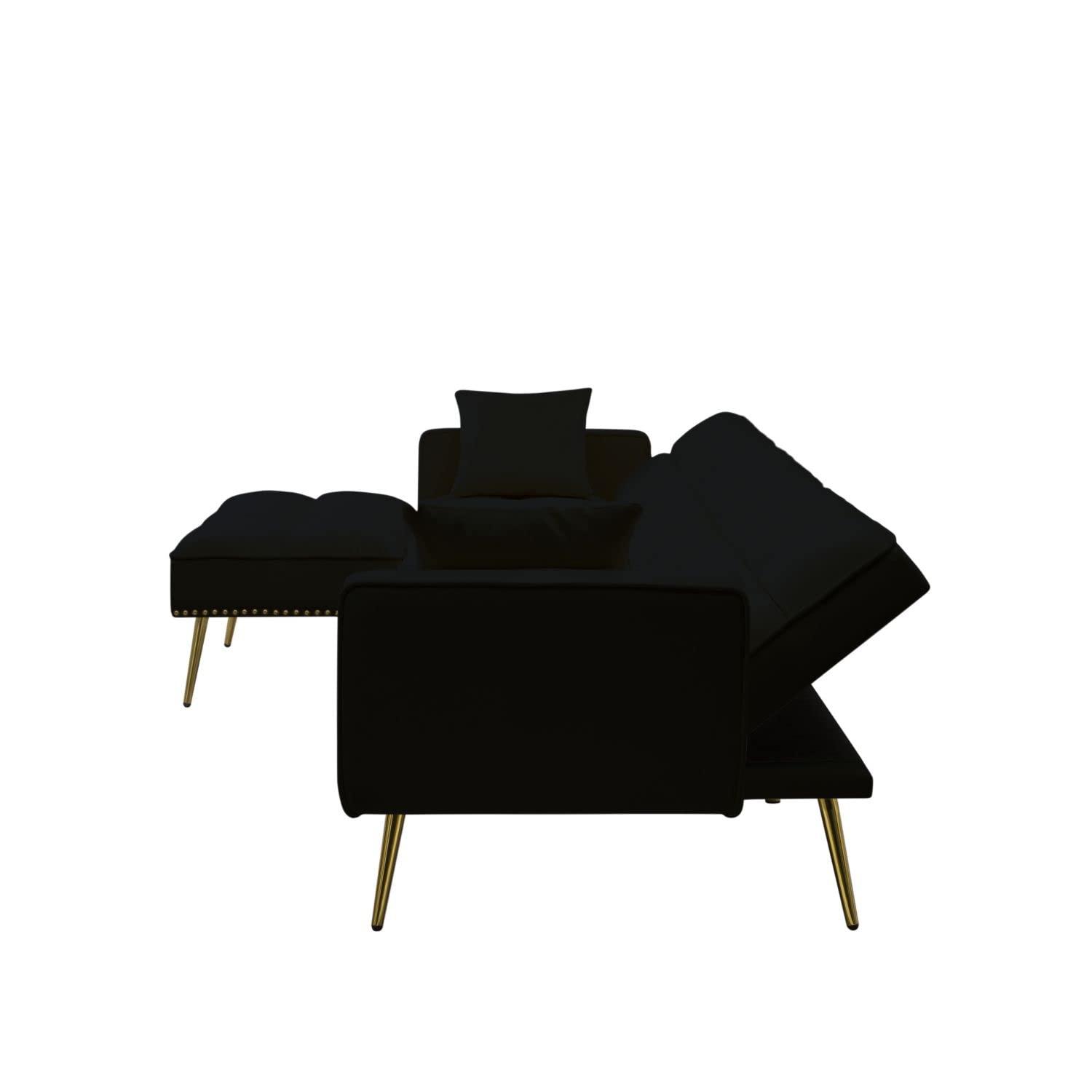 Eafurn Velvet Upholstery Convertible Sleeper Sofa Bed with Reversible Chaise,L Shaped Sectional Couch w/Reclining Backrest and 2 Pillows,Comfy Corner Sofa & Coues for Living Room Furniture Sets