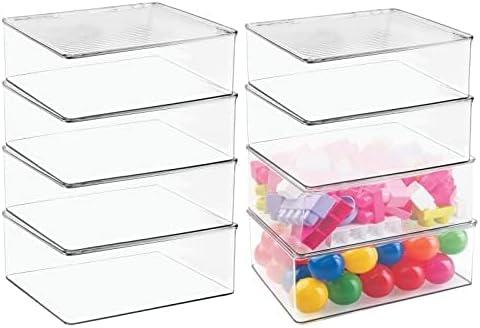 mDesign Plastic Stackable Toy Storage Bin Box with Hinge Lid, 8 Pack - Clear