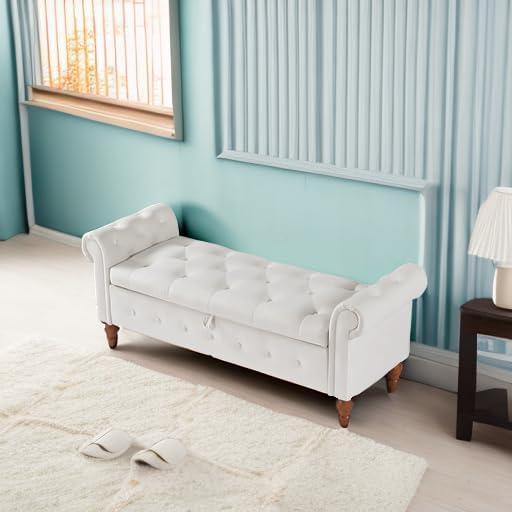 Aoowow 63" Storage Bench for Bedroom End of Bed Rolled Armed Velvet Fabric Ottoman Couch Long Bench Window Sitting Fireplace Toy Storage Bench,Beige