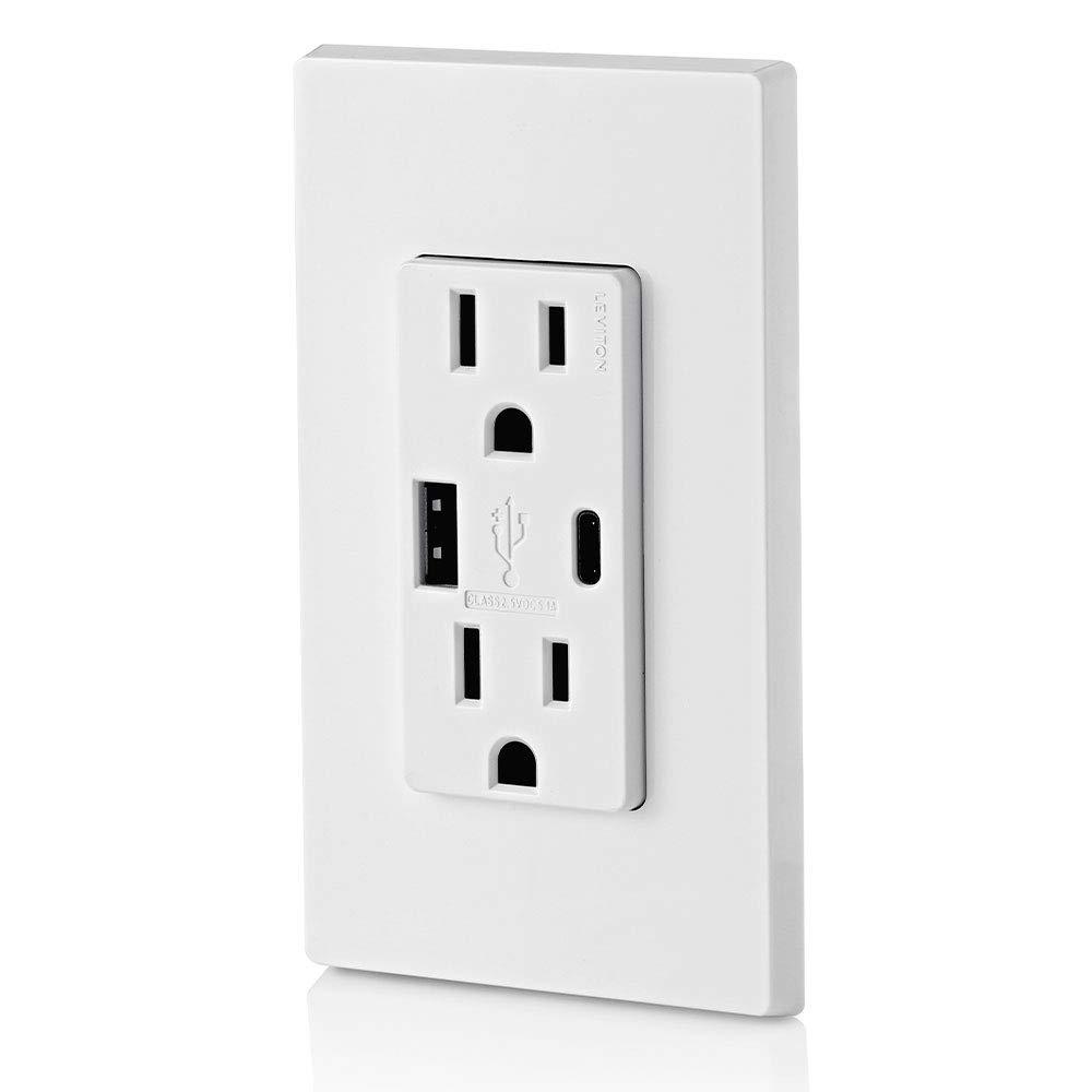 White Tamper Resistant Duplex Outlet with USB Type A and C Ports