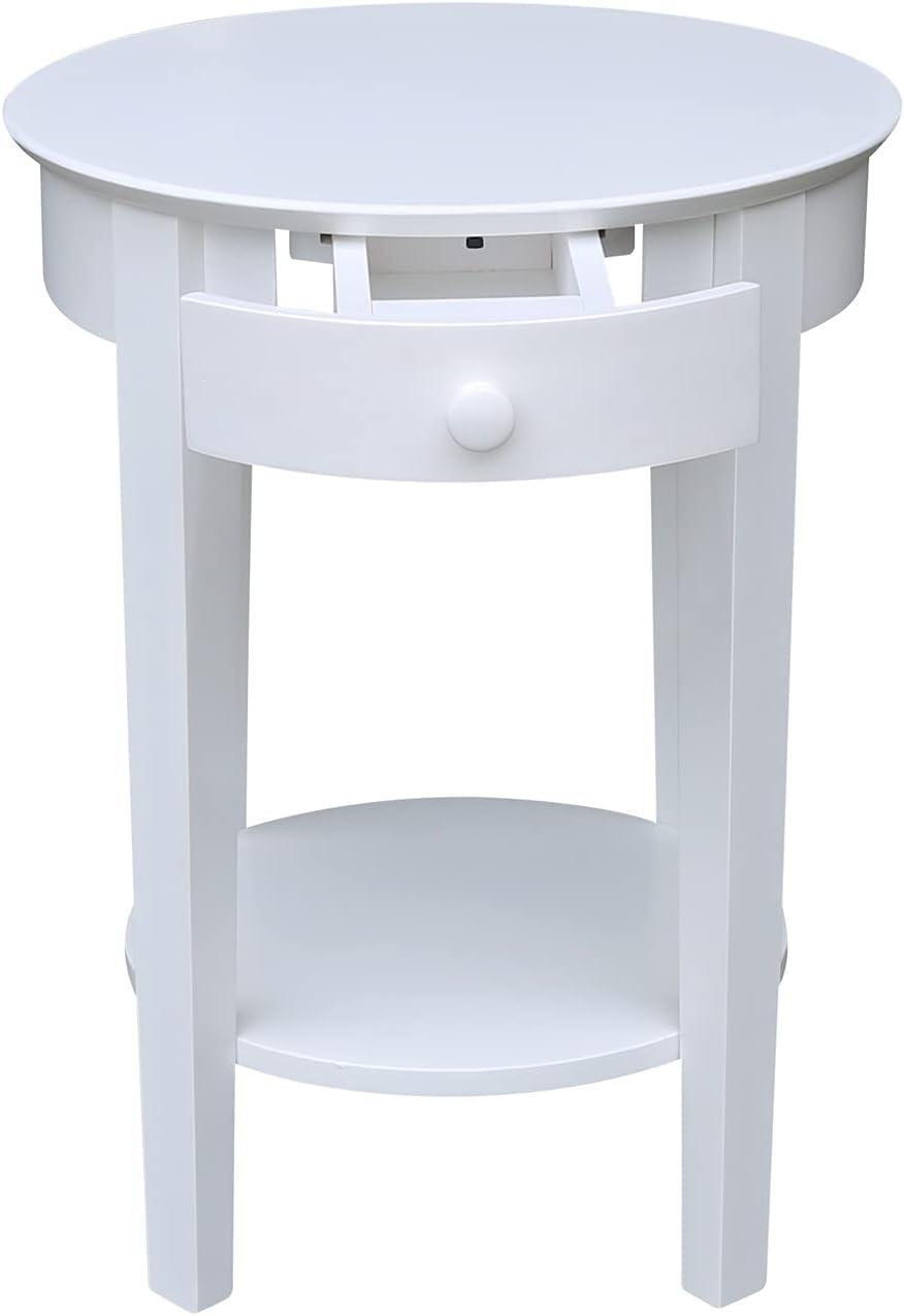 Elegant Round White Parawood Accent Table with Drawer and Shelf