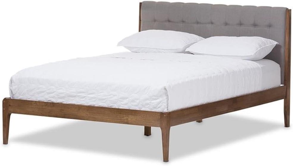 Clifford Mid-Century Light Grey Upholstered Queen Platform Bed with Walnut Wood Frame