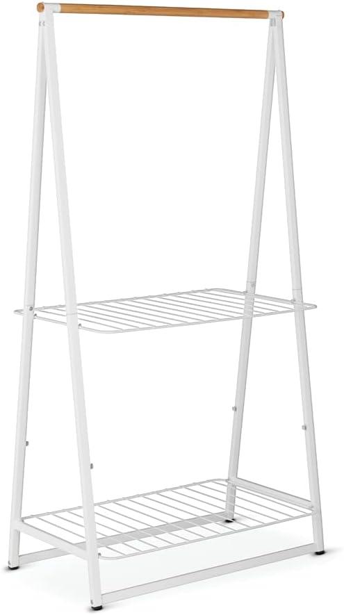 Small White Wood and Wire Garment Rack with Adjustable Shelves