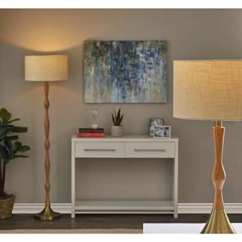 Antique Brass & Natural Oak Off-White Shade Modern Bohemian Floor Lamp