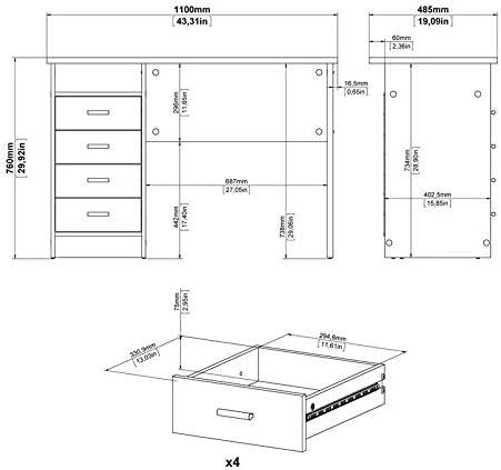 Tvilum Warner 4 Drawer Office Desk with 1 Shelf for Adults, Oak