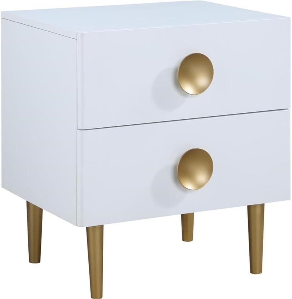 Zayne 2-Drawer White Nightstand with Brushed Gold Metal Legs