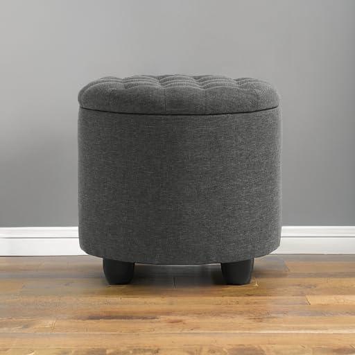 Furniliving Modern Upholstered Round Storage Ottoman Linen Footrest Stool Ottoman Bench, DarkGray