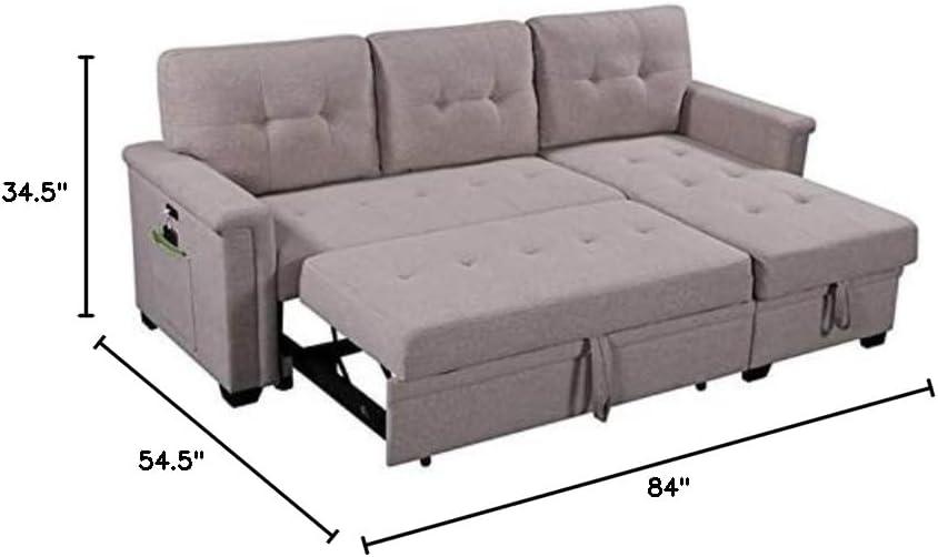 Bowery Hill Reversible Sleeper Sofa with Storage/USB Charging Port in Gray