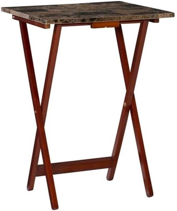 Brown Faux Marble and Rubberwood Folding Tray Table Set