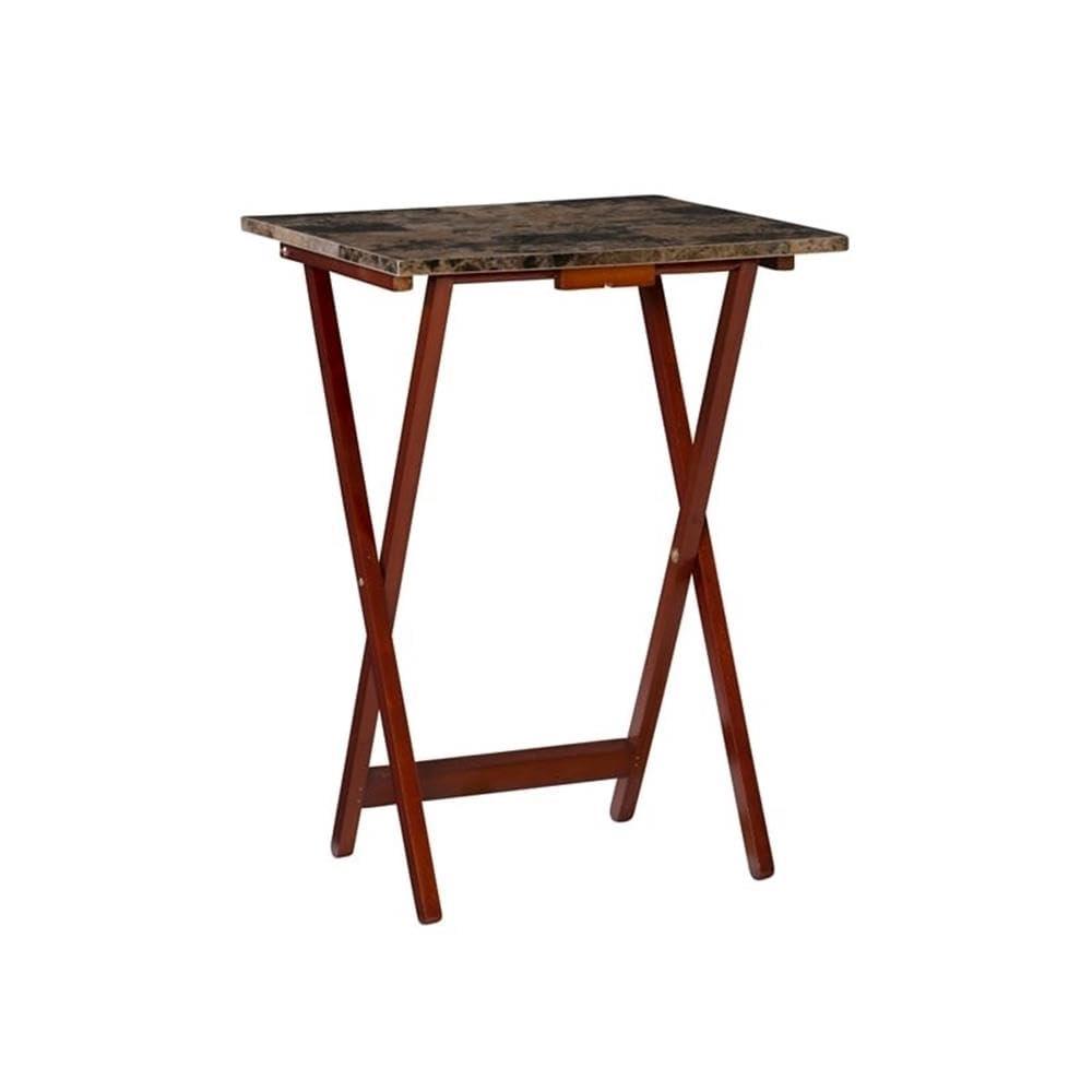 Brown Faux Marble and Rubberwood Folding Tray Table Set
