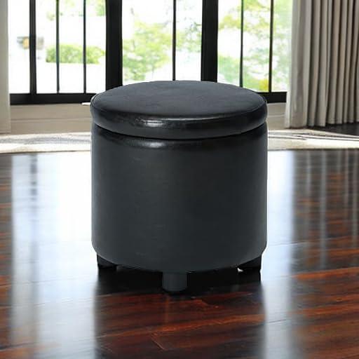 16" Round Black Faux Leather Ottoman with Reversible Tray