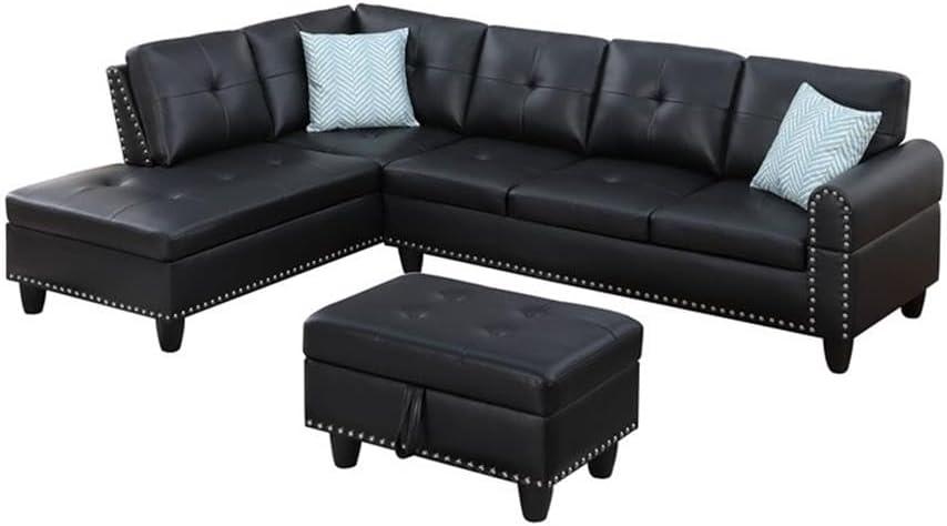 Devion Furniture Faux Leather Sectional Sofa with Ottoman-Black