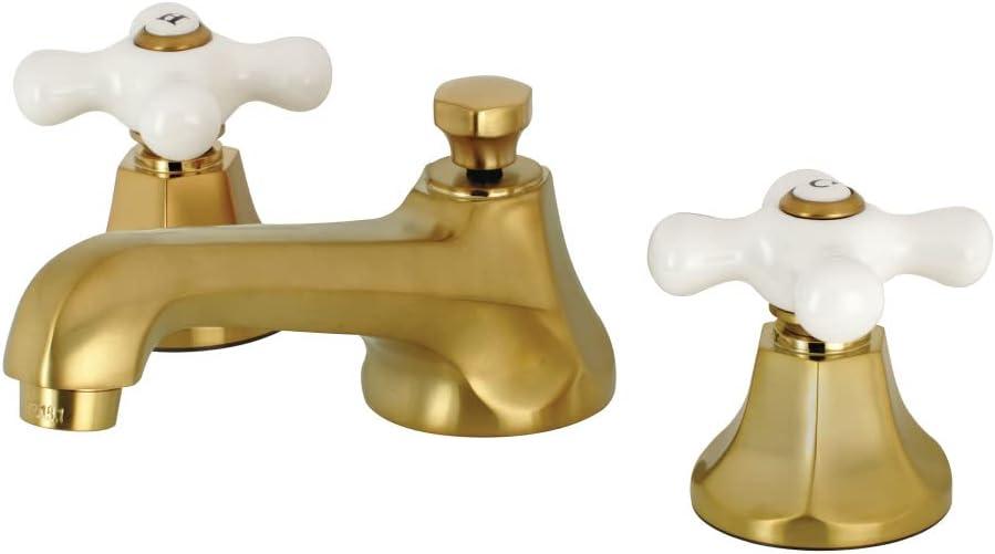 Kingston Brass Metropolitan Two-Handle 3-Hole Deck Mount Widespread Bathroom Faucet with Brass Pop-Up Drain