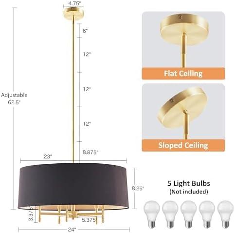 Hampton Hill Presidio 5-Light Dimmable Chandelier with Drum-shaped Fabric Shade & Adjustable Height