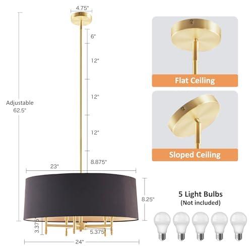 Hampton Hill Presidio 5-Light Dimmable Chandelier with Drum-shaped Fabric Shade & Adjustable Height