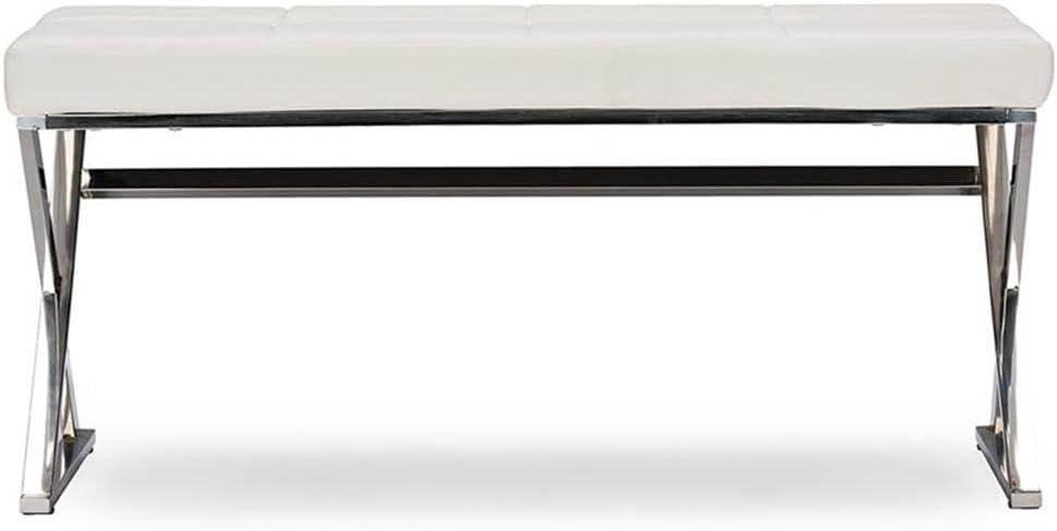 Baxton Studio Herald Modern and Contemporary Stainless Steel and Faux Leather Upholstered Rectangle Bench - White: Chic Entryway Ottoman, Seats 1