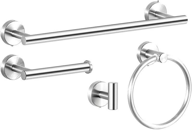 24 Inch Towel Bar Sets 4 Pieces Bathroom Kit Accessories Restroom Towel Ring Holder Toilet Paper Holder and Hook Set SUS 304 Stainless Steel Bathroom Hardware Heavy Duty Wall Mount (Brushed Silver)