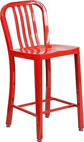 Flash Furniture Commercial Grade 2 Pack 24" High Red Metal Indoor-Outdoor Counter Height Stool with Vertical Slat Back