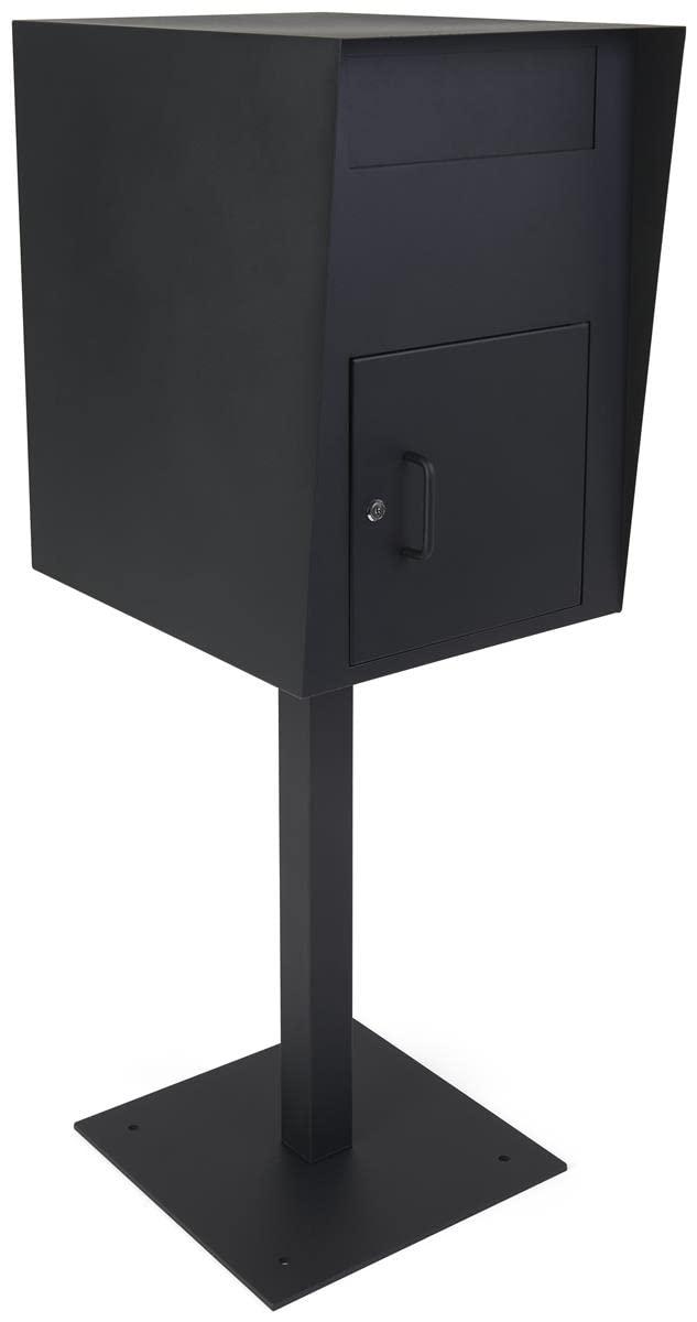 Displays2go 16 w x 52 h Outdoor Pedestal Drop Box w/ Permanent Mounting and Steel Build - Black (FDHDBBP1)
