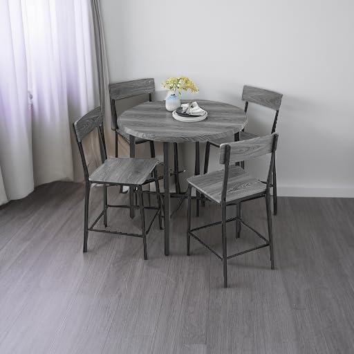 Gray MDF and Steel Round Counter Height Dining Set with 4 Chairs