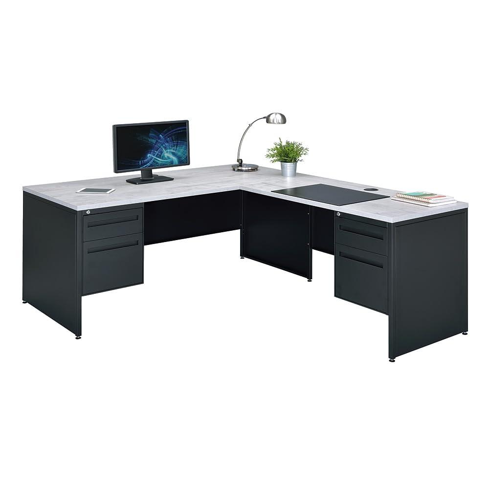 Gray and Black L-Shaped Executive Desk with Filing Cabinet