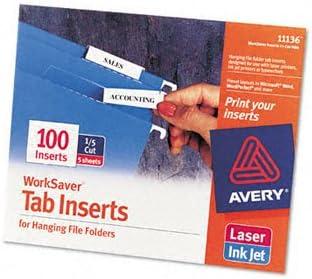 Avery Printable Tab Inserts for Hanging File Folders, 1/5 cut, 100 Pack