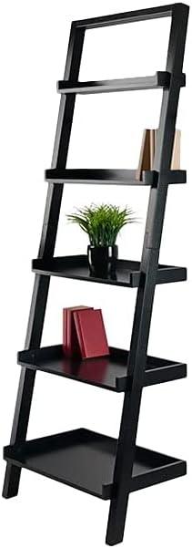 69.36" Bellamy Leaning Shelf Black - Winsome: 5-Tier, Space-Saving, Solid Wood, Wall Secure Bookcase