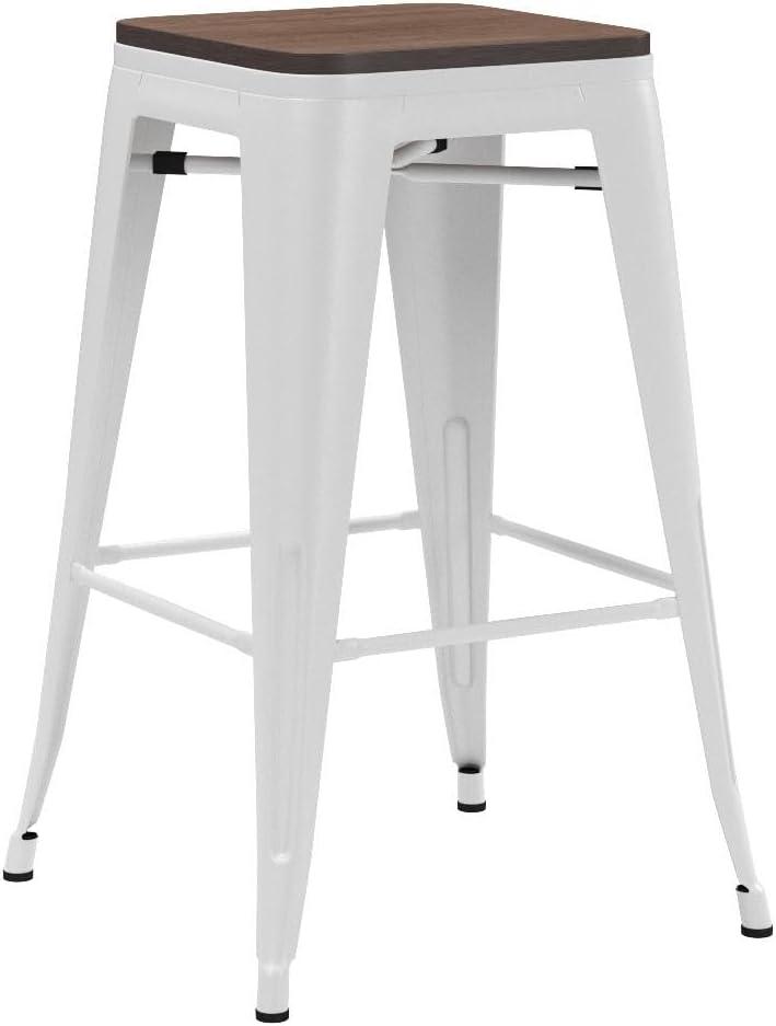 White Metal and Wood Backless Counter Stools, Set of 4