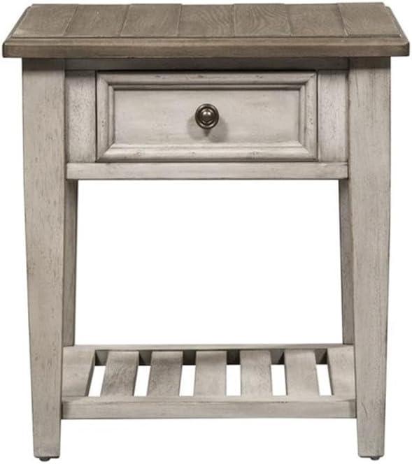 Antique White Wood and Metal Drawer End Table