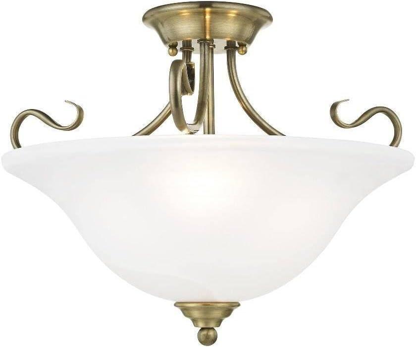 Antique Brass 3-Light Semi-Flush Mount with White Alabaster Glass