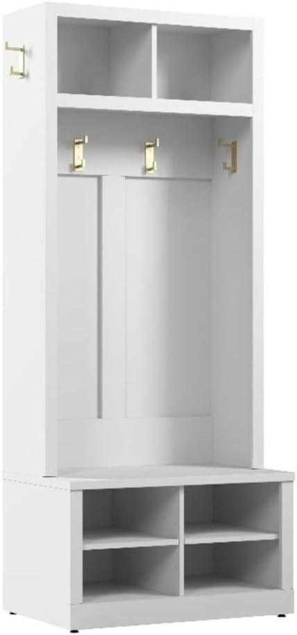 Hampton Heights 30W Hall Tree and Shoe Bench in White - Engineered Wood