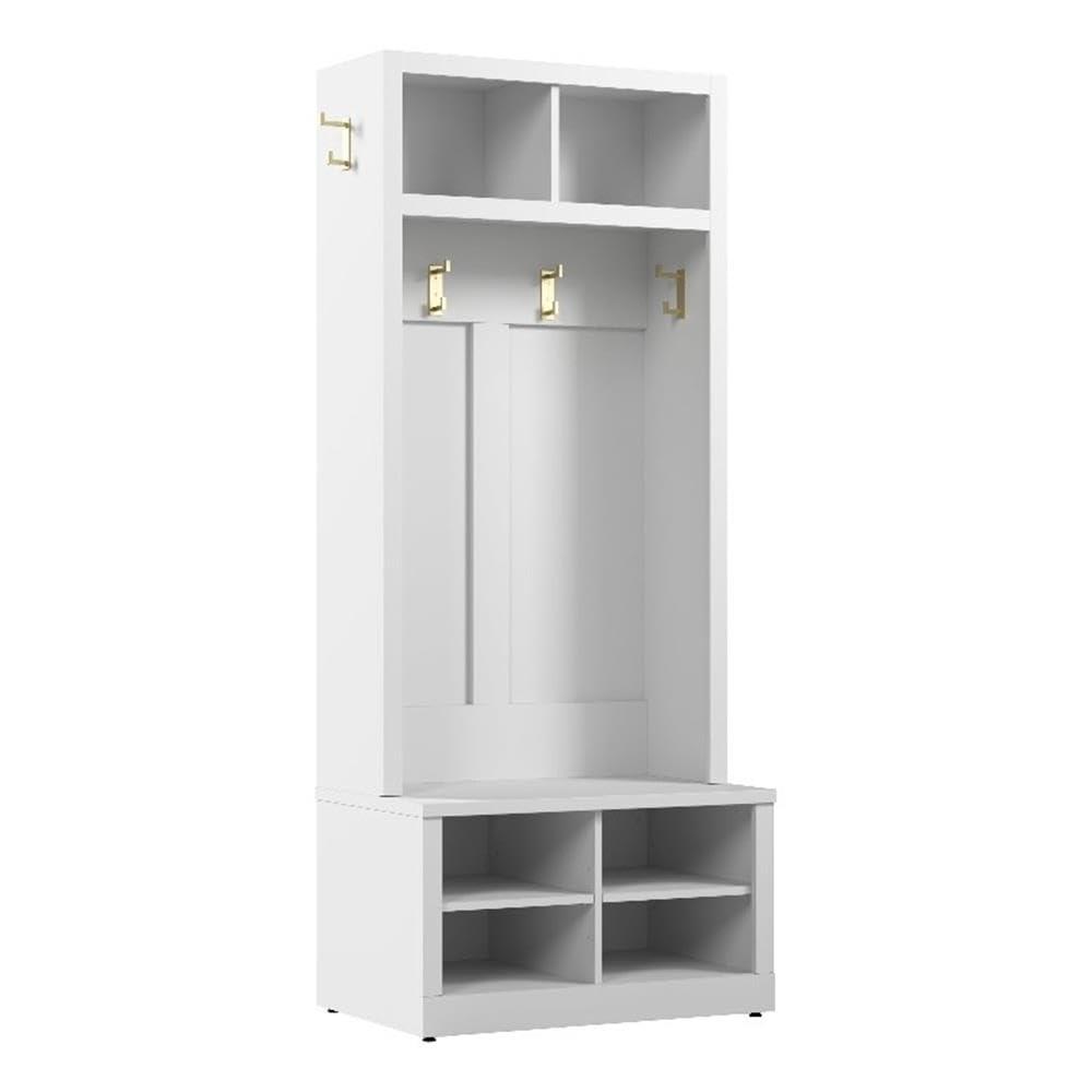 Hampton Heights 30W Hall Tree and Shoe Bench in White - Engineered Wood