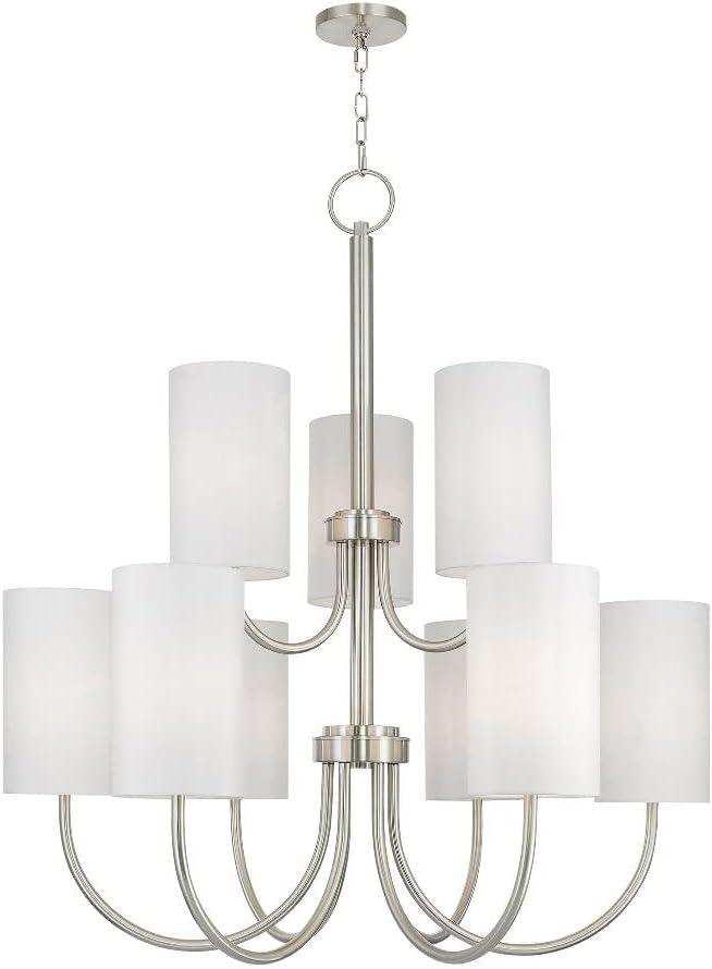 English Bronze 9-Light Drum Chandelier with Oatmeal Fabric Shade