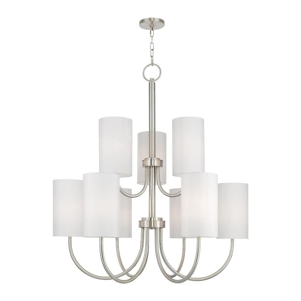 English Bronze 9-Light Drum Chandelier with Oatmeal Fabric Shade