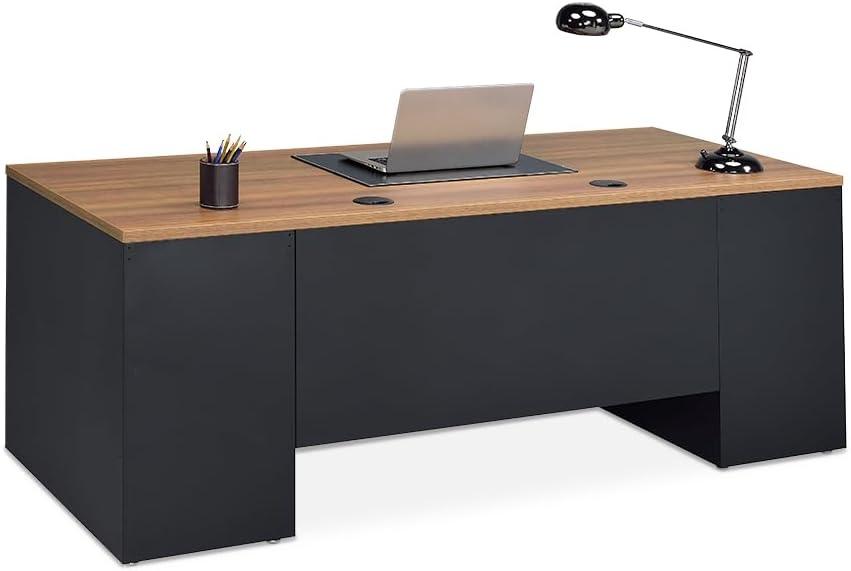 Oak and Black Executive Desk with Drawers and Filing Cabinet
