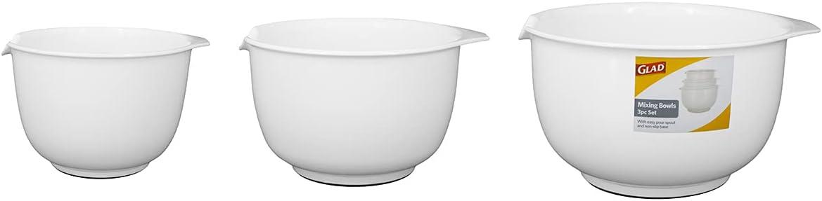 GLAD Mixing Bowls with Pour Spout, Set of 3 | Nesting Design Saves Space | Non-Slip, BPA Free, Dishwasher Safe Plastic | Kitchen Cooking and Baking Supplies, White