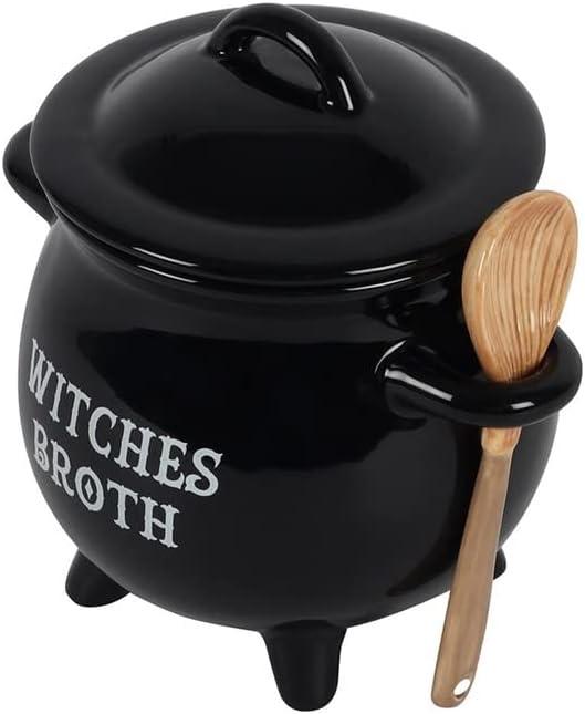 Pacific Giftware Witches Broth Cauldron Ceramic Bowl with Broom Spoon