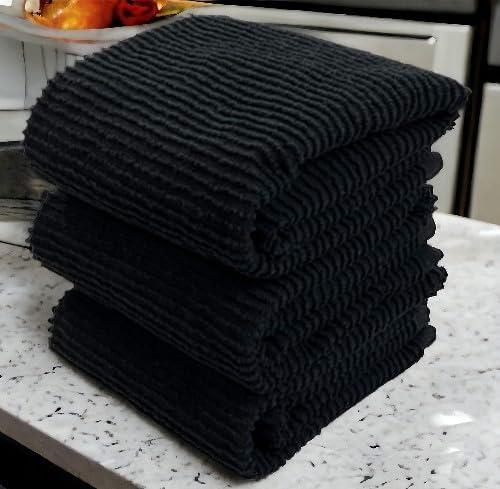 Serafina Home Oversized Solid Color Black Kitchen Dish Towels: 100% Cotton Cloth Soft Cleaning Drying Absorbent Ribbed Terry Loop, Set of 3 Multipurpose for Everyday Use (Black)