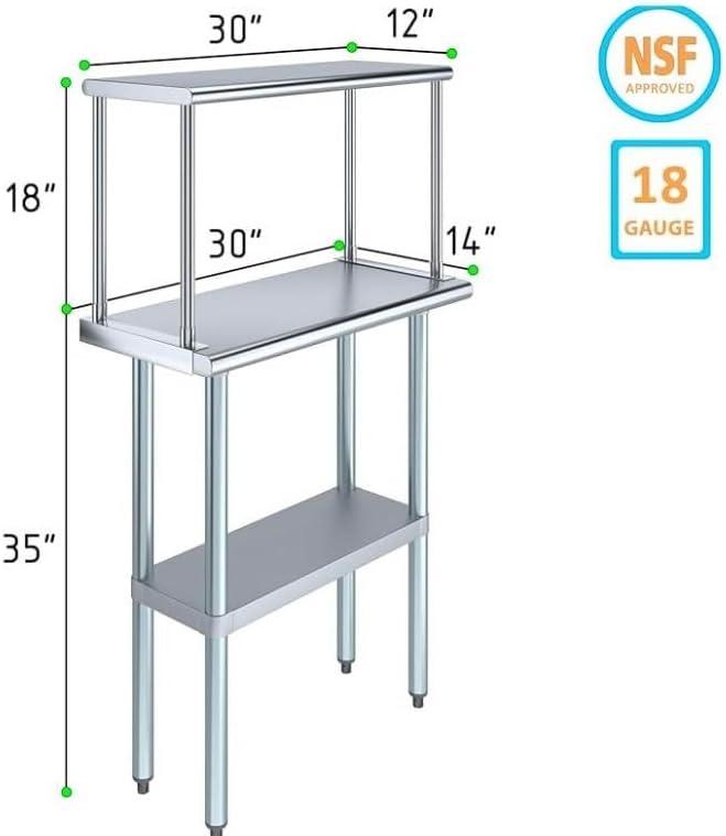 Stainless Steel Work Table with Wide Single Tier Overshelf | Metal Kitchen Prep Table & Shelving Combo (30" x 48" Work Table + 12" Overshelf)