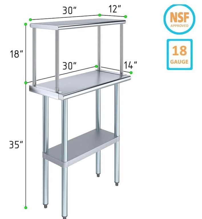 Stainless Steel Work Table with Wide Single Tier Overshelf | Metal Kitchen Prep Table & Shelving Combo (30" x 48" Work Table + 12" Overshelf)