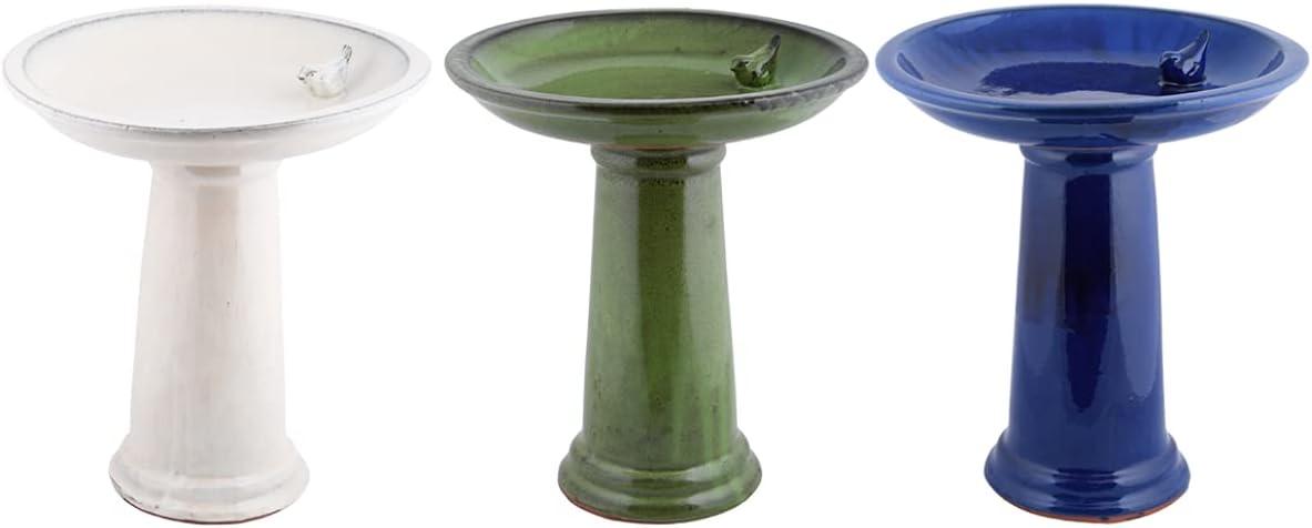 Teal Blue Ceramic Pedestal Birdbath with Bird Figurine