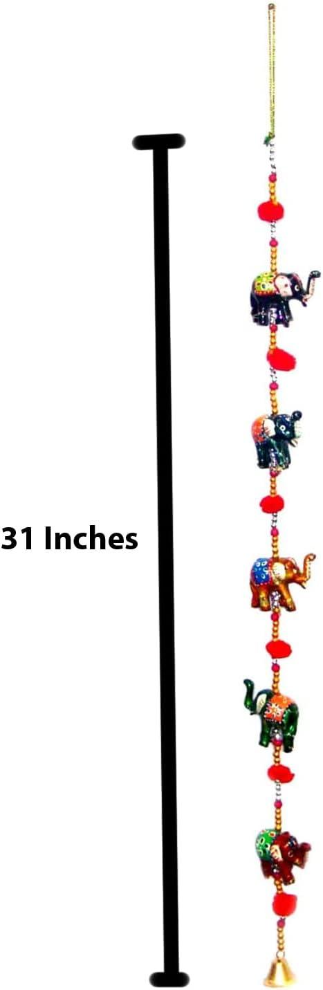 Rastogi Handicrafts Decorative Hanging Five Hand Painted Multi Color Resin Elephant with Beads and Brass Bell Size-76 cm