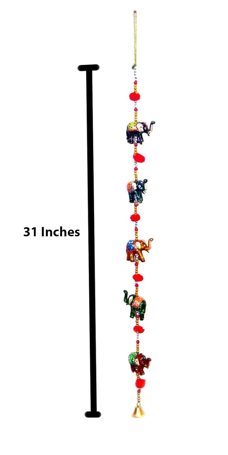 Rastogi Handicrafts Decorative Hanging Five Hand Painted Multi Color Resin Elephant with Beads and Brass Bell Size-76 cm