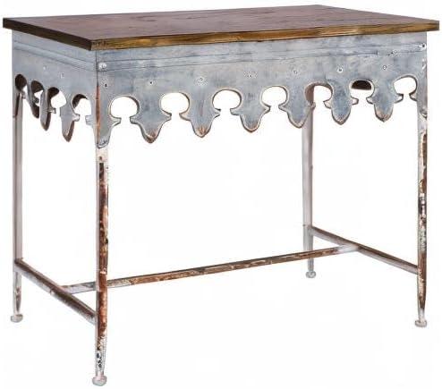 Storied Home Scalloped Sofa Table Silver: Farmhouse Zinc-Finish, Fir Wood Top, 44 lbs Capacity