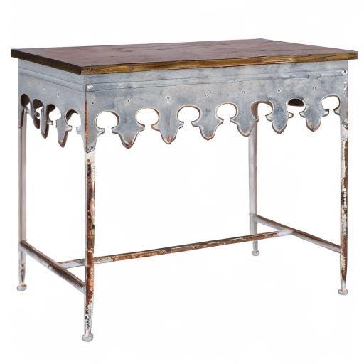 Storied Home Scalloped Sofa Table Silver: Farmhouse Zinc-Finish, Fir Wood Top, 44 lbs Capacity