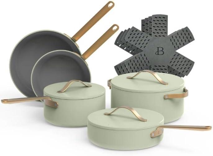 Beautiful 12pc Ceramic Non-Stick Cookware Set, Sage Green by Drew Barrymore