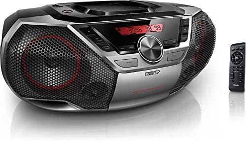 Philips Portable Boombox CD Player Bluetooth FM Radio MP3 Mega Bass Reflex Stereo Sound System with NFC, 12W, USB Input, Headphone Jack, and LCD Display